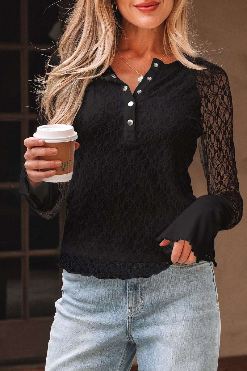 Black Sheer Lace Long Sleeve Slim Henley Top