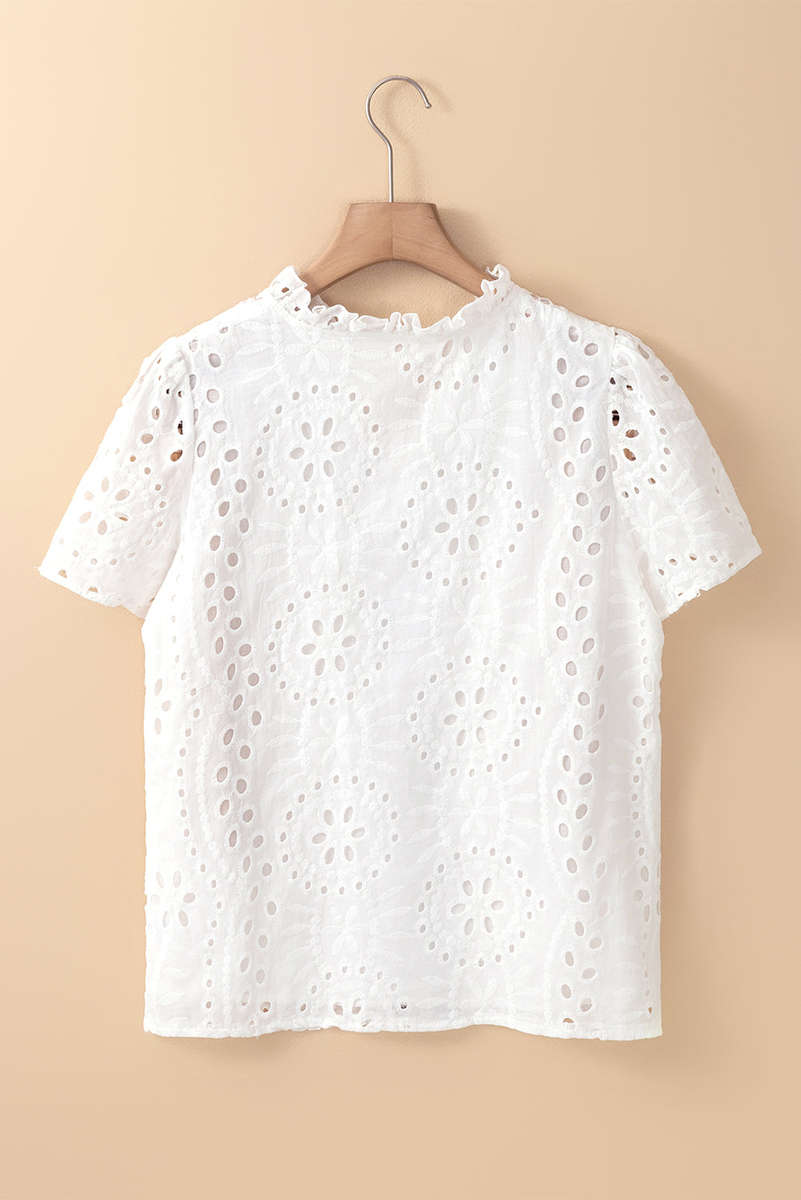 White Geometric Embroidery Hollow Out Blouse