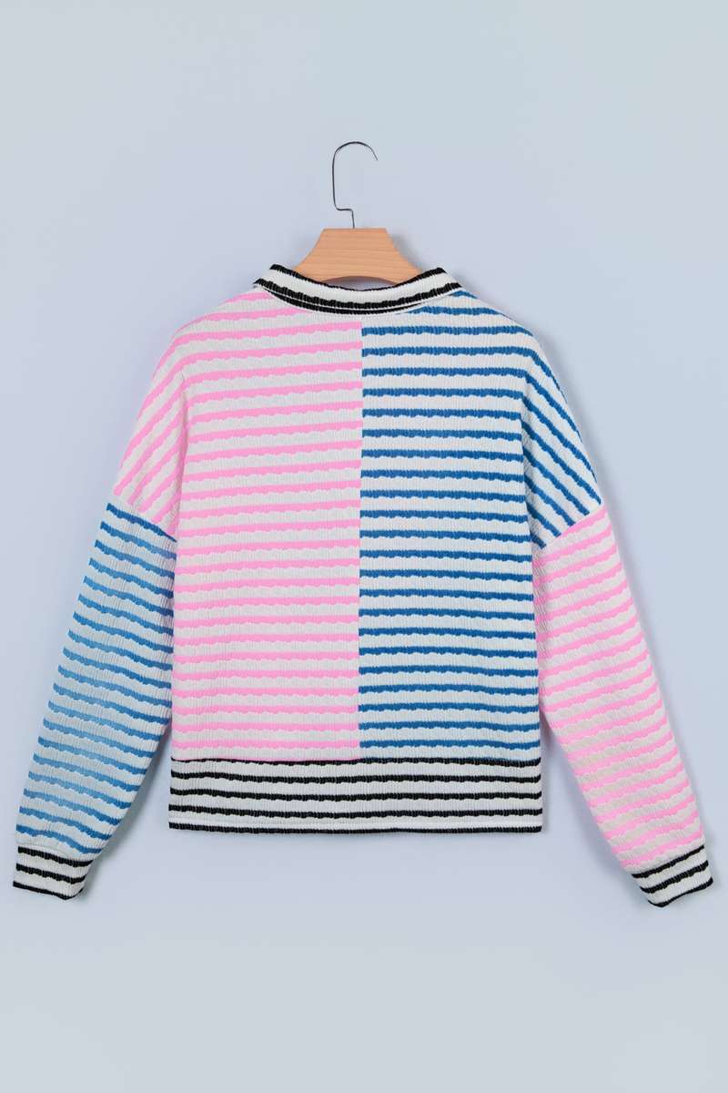 Multicolour Striped Color Block Patchwork Half Zip Drop Shoulder Long Sleeve Top