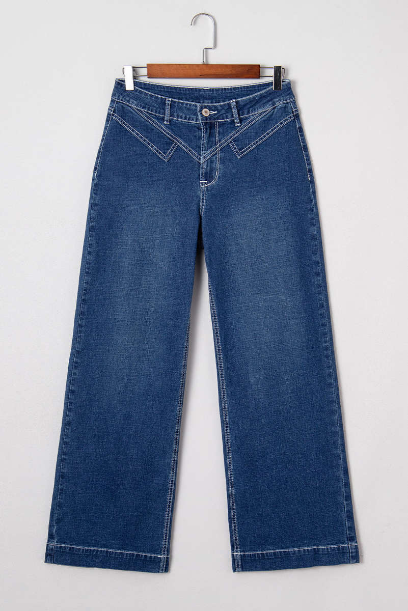 Sail Blue Stitched Waist Detail Loose Cuffed Jeans