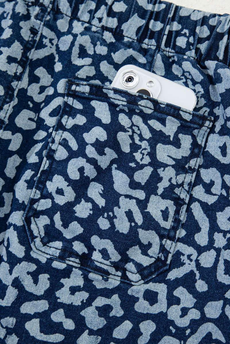 Blue Leopard Printed Drawstring Elastic Waistband Pocketed Wide Leg Jeans