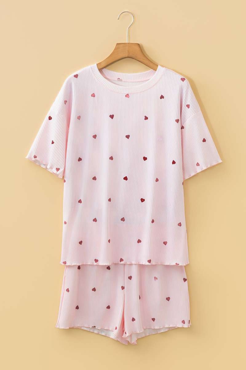 Light Pink Valentine Heart Shape Print Ribbed Knit Short Lounge Set