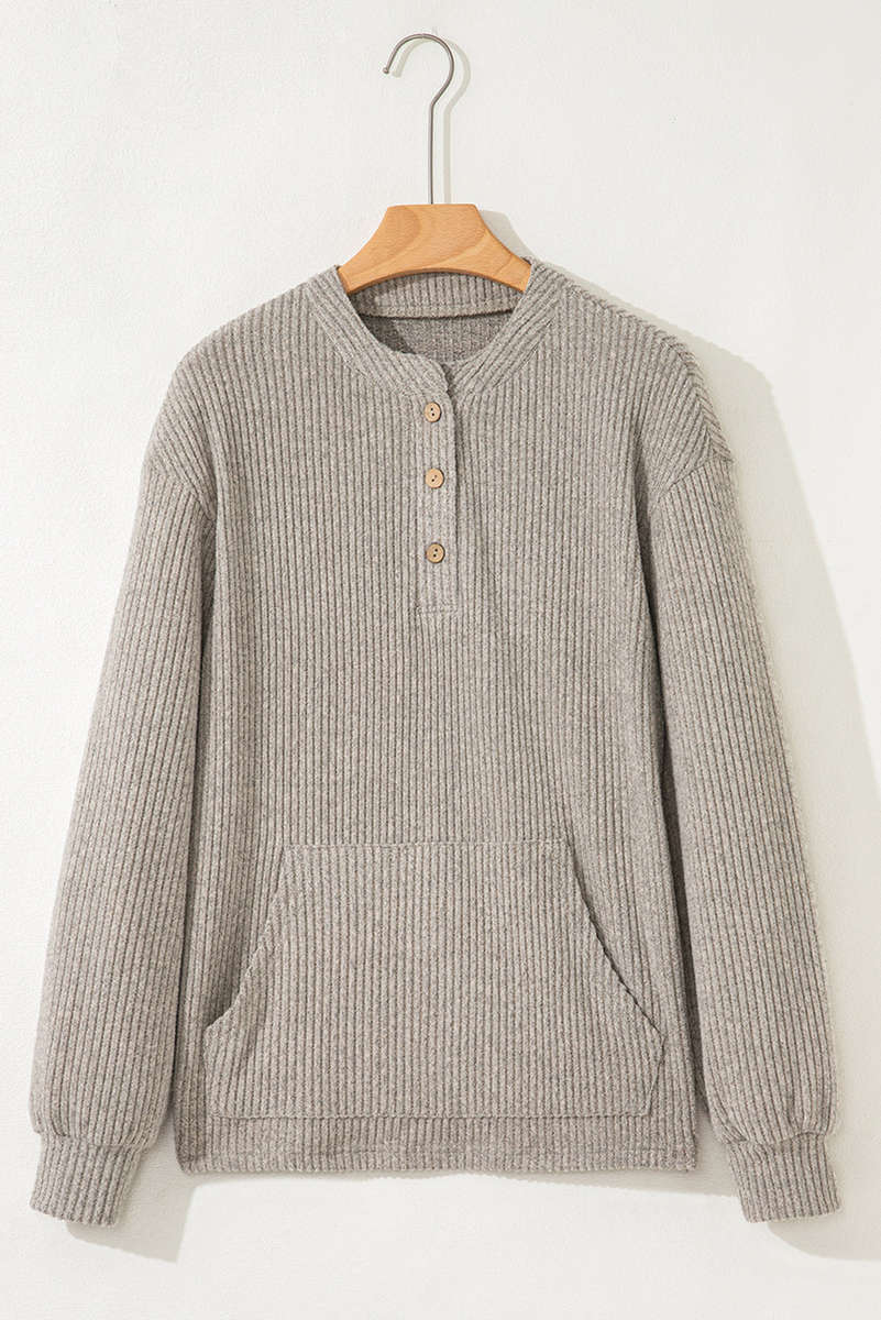 Simply Taupe Ribbed Texture Drop Shoulder Henley Knit Top