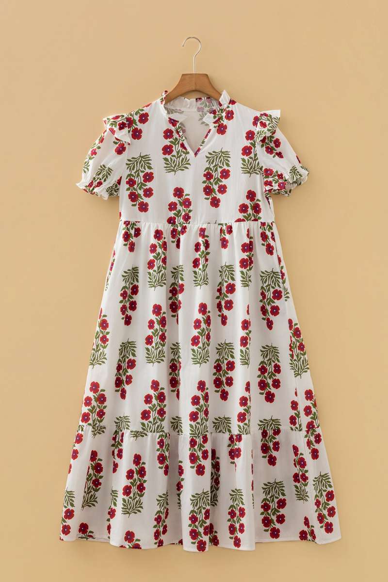 Beige Floral Short Bubble Sleeve Tiered Maxi Dress