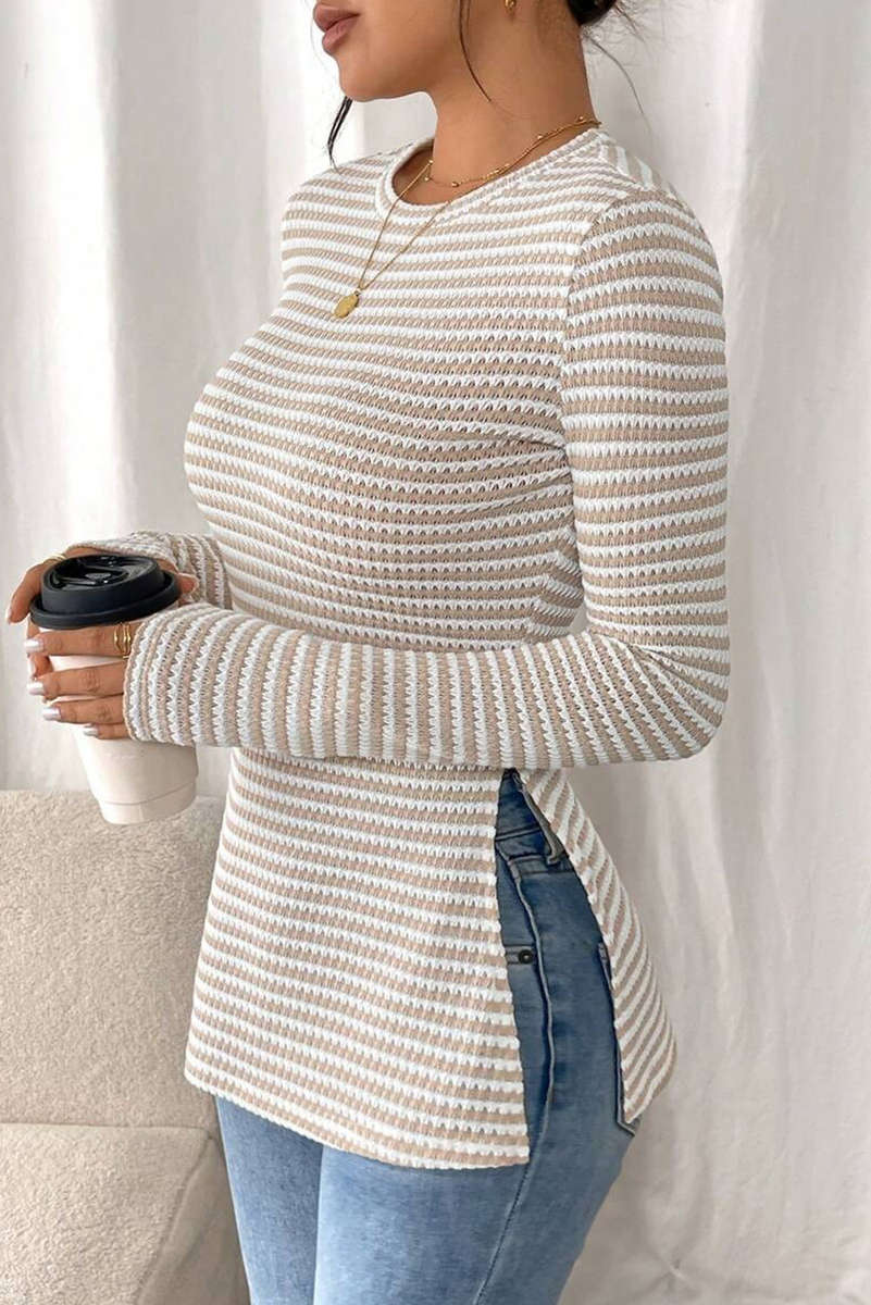 Jet Stream Striped Knit Side Slit Slim Round Neck Tunic Top