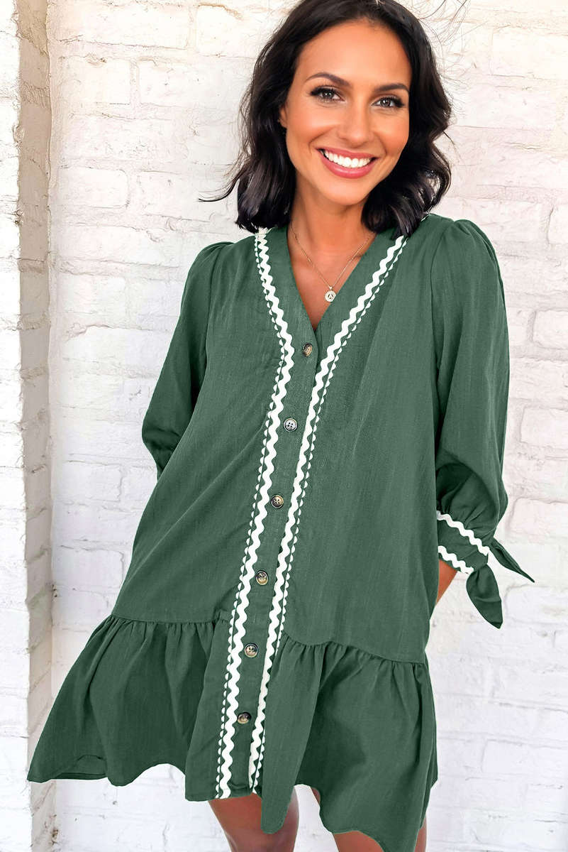 Canton Contrast Ricrac Trim Button V Neck Knotted Bracelet Sleeve Shift Dress