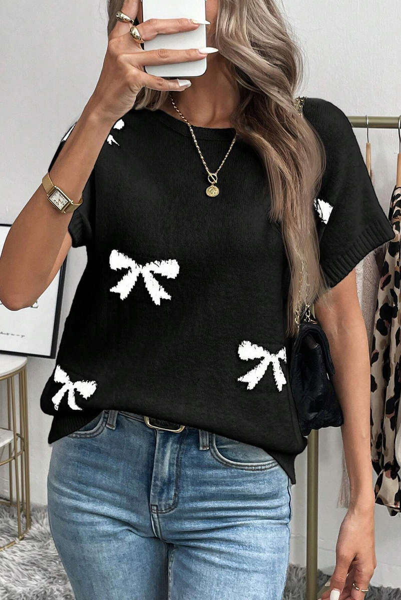 Black Bow Pattern Knit Short Sleeve Sweater