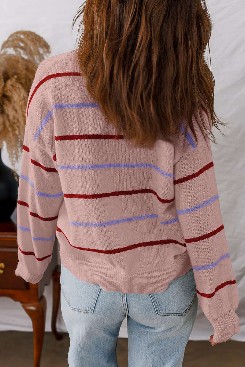 Pink Stripe Ribbed Edge Drop Shoulder Sweater