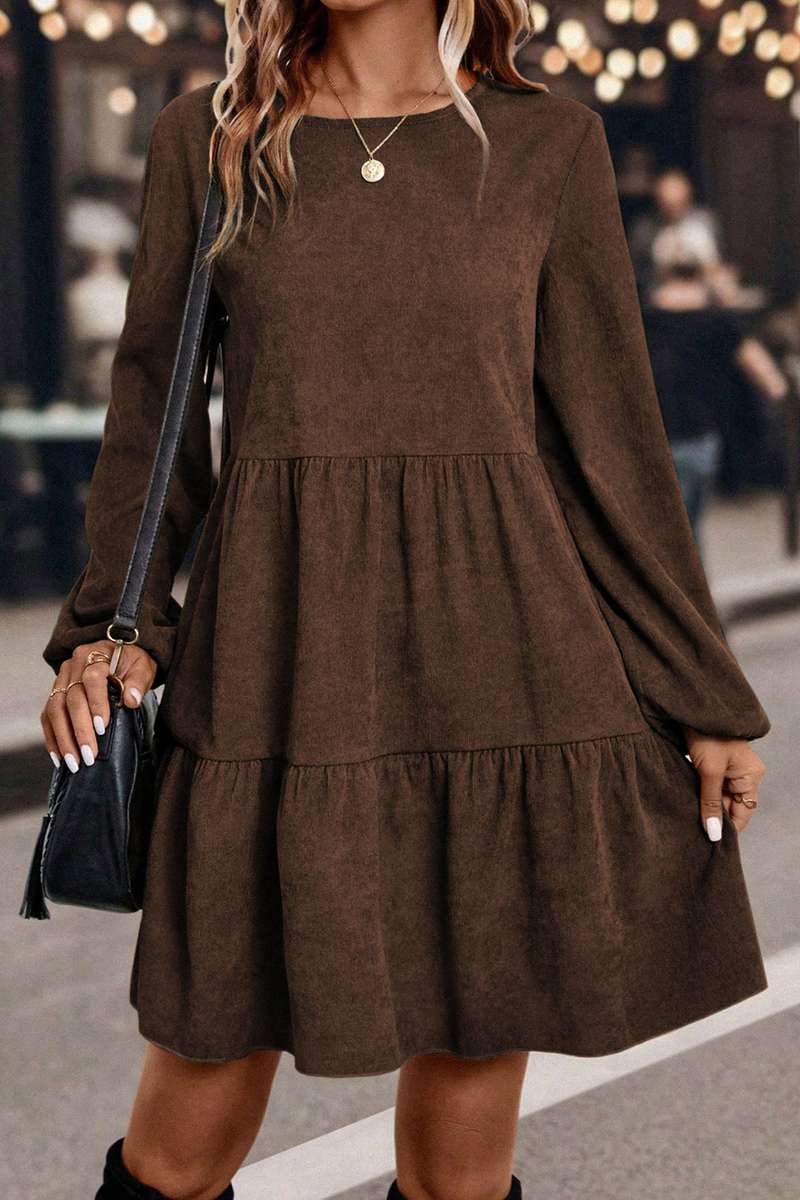 Dark Brown Lantern Sleeve Tiered Mini Dress