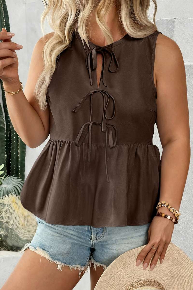 Coffee Plus Size Solid Color Bow Tie Peplum Tank Top