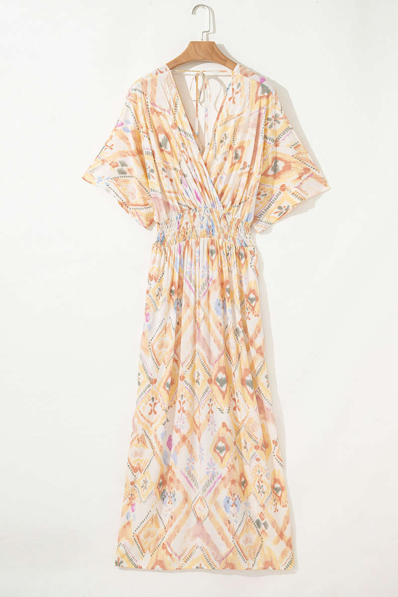 Multicolour Geometric Print Half Sleeve Shirred High Waist Maxi Dress