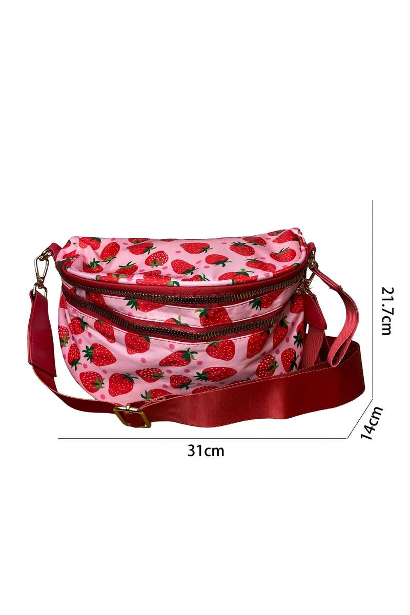 Fiery Red Pretty Checkerboard/ Strawberry Printed Canvas Double Zip Crossbody Bag