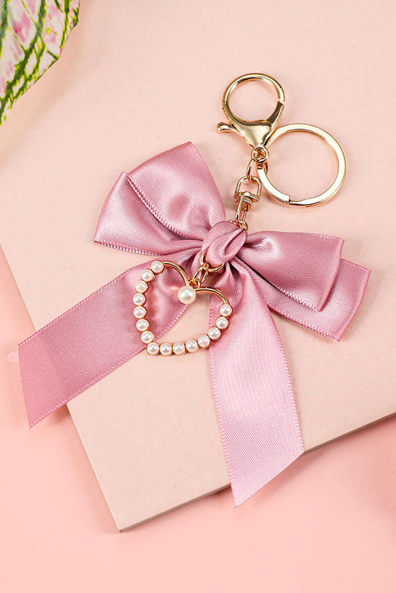Pink Pearl Heart Large Bow Knot Keychain