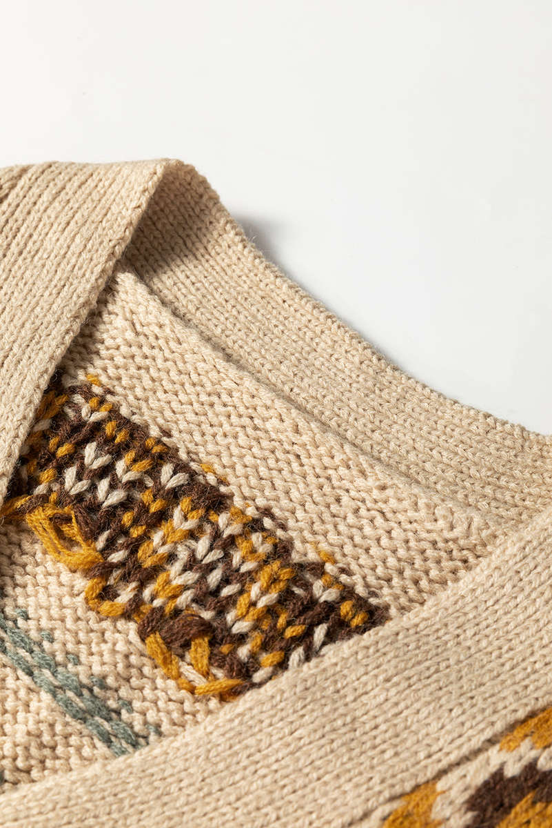 Khaki Western Pattern Knitted Button V Neck Cardigan Sweater