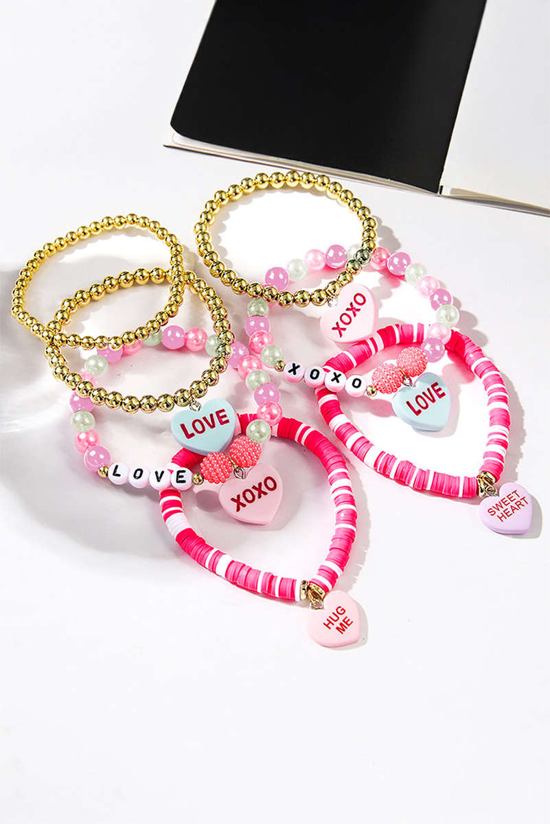 Bonbon Valentine Heart Pendant Beaded Elastic Bracelet Set