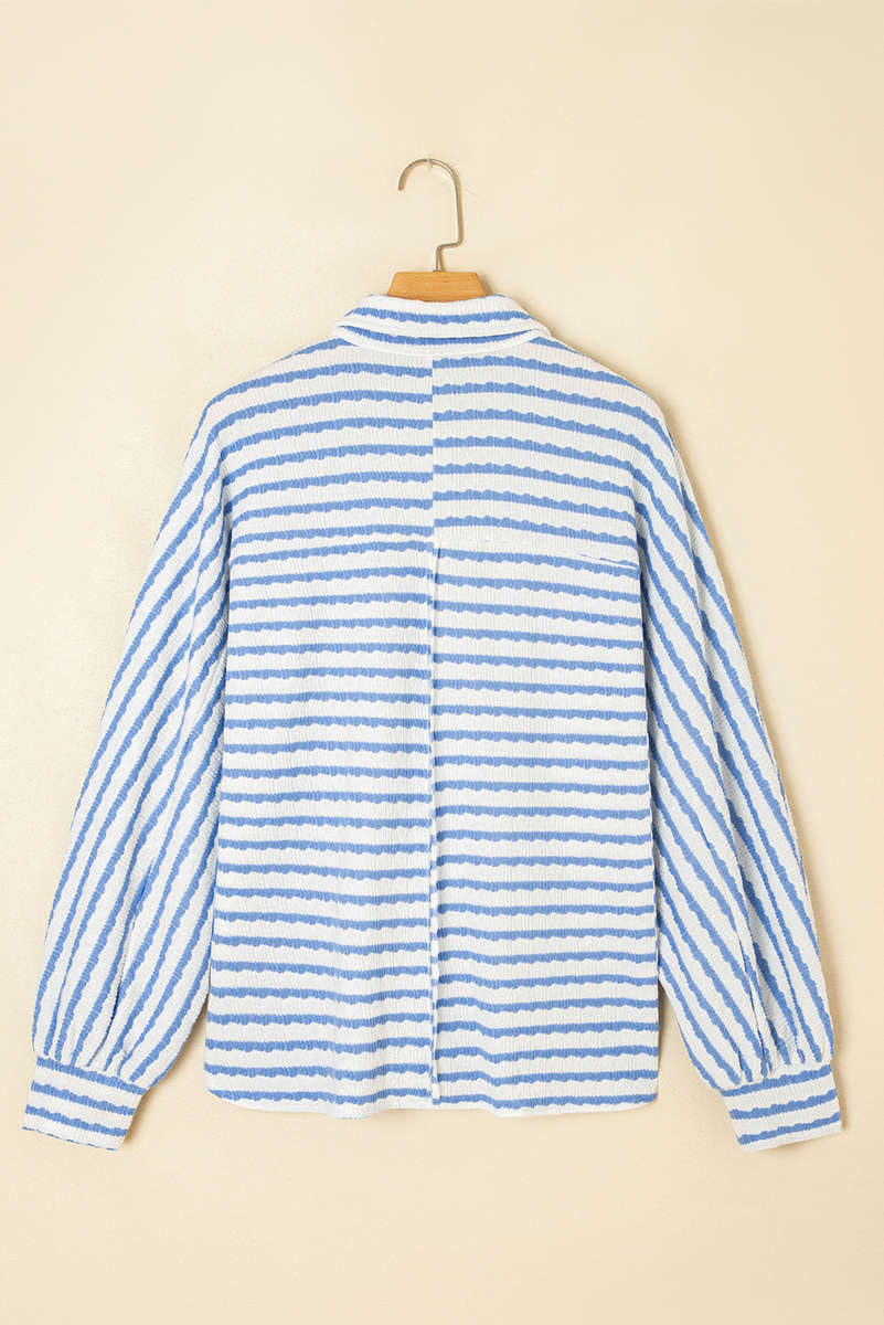 Sky Blue Stripe Half Button Collared Chest Pockets Loose Fit Blouse