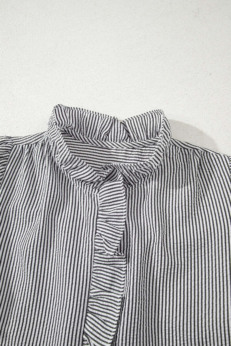 Black Striped Ruffle Short Bubble Sleeve Shirt