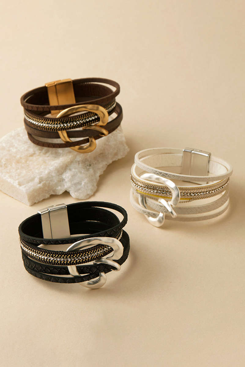 Coffee PU Leather Straps Rhinestone Embedded Retro Magnetic Buckle Bracelet