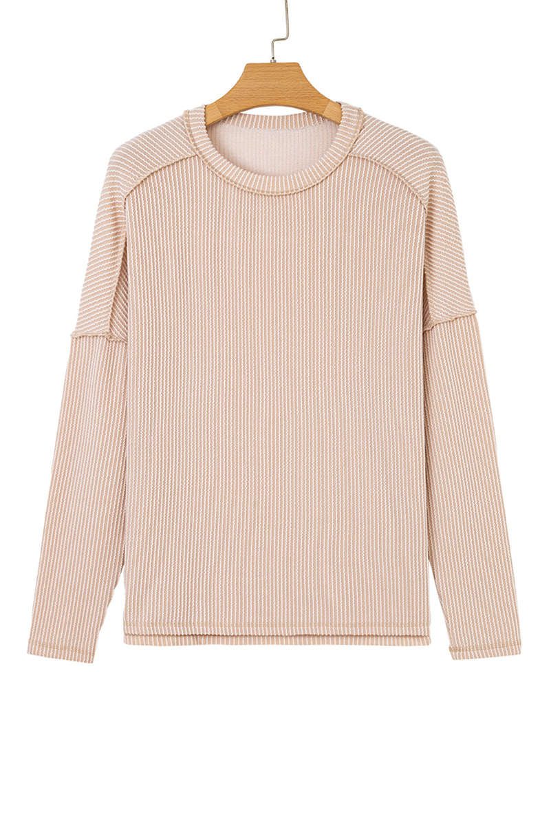 Parchment Twist Ribbed Exposed Seam Detail Long Sleeve Loose Top