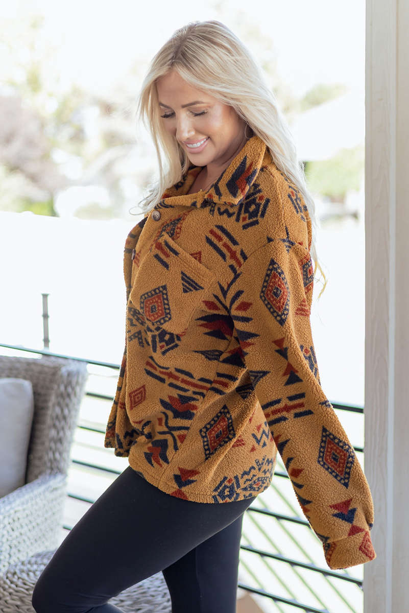 Khaki Western Aztec Pattern Fleece Shacket