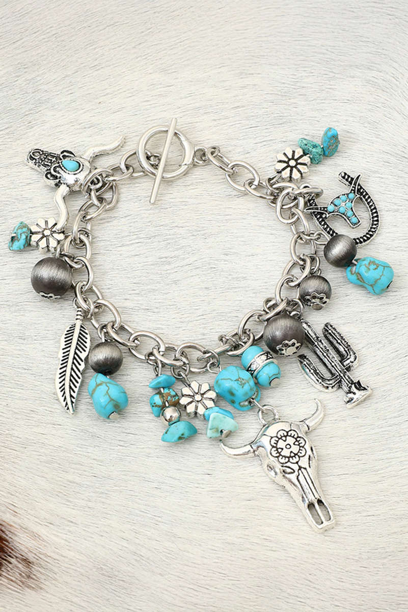 Silvery Western Steer Head Turquoise Charm Alloy Bracelet