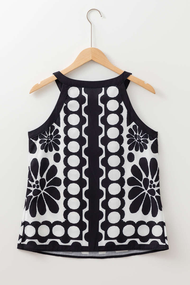 Black Abstract Dot Flower Print Tank Top