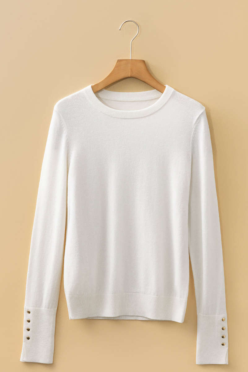 White Button Split Cuffs Round Neck Slim Sweater