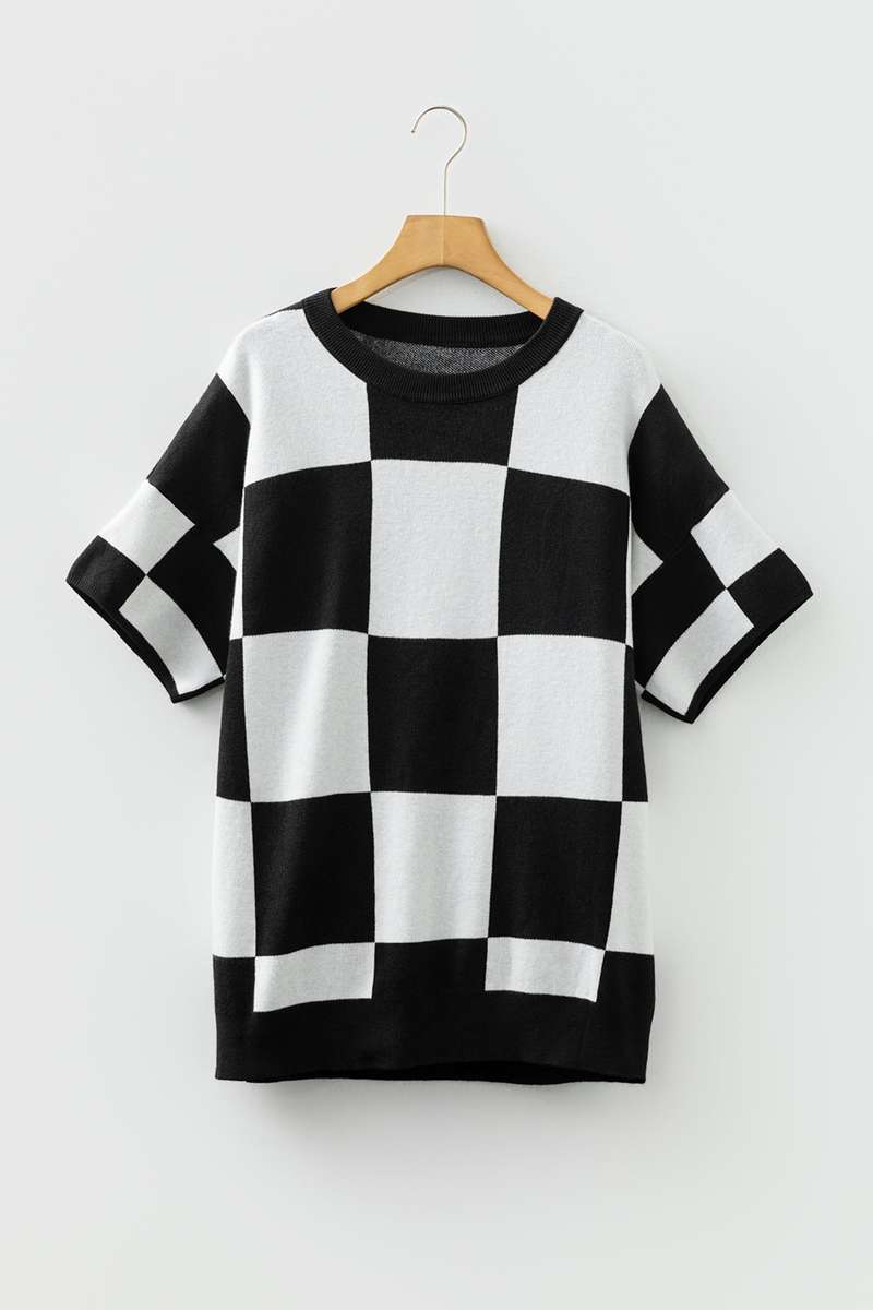 Black Checkered Pattern Loose Drop Shoulder Half Sleeve Sweater