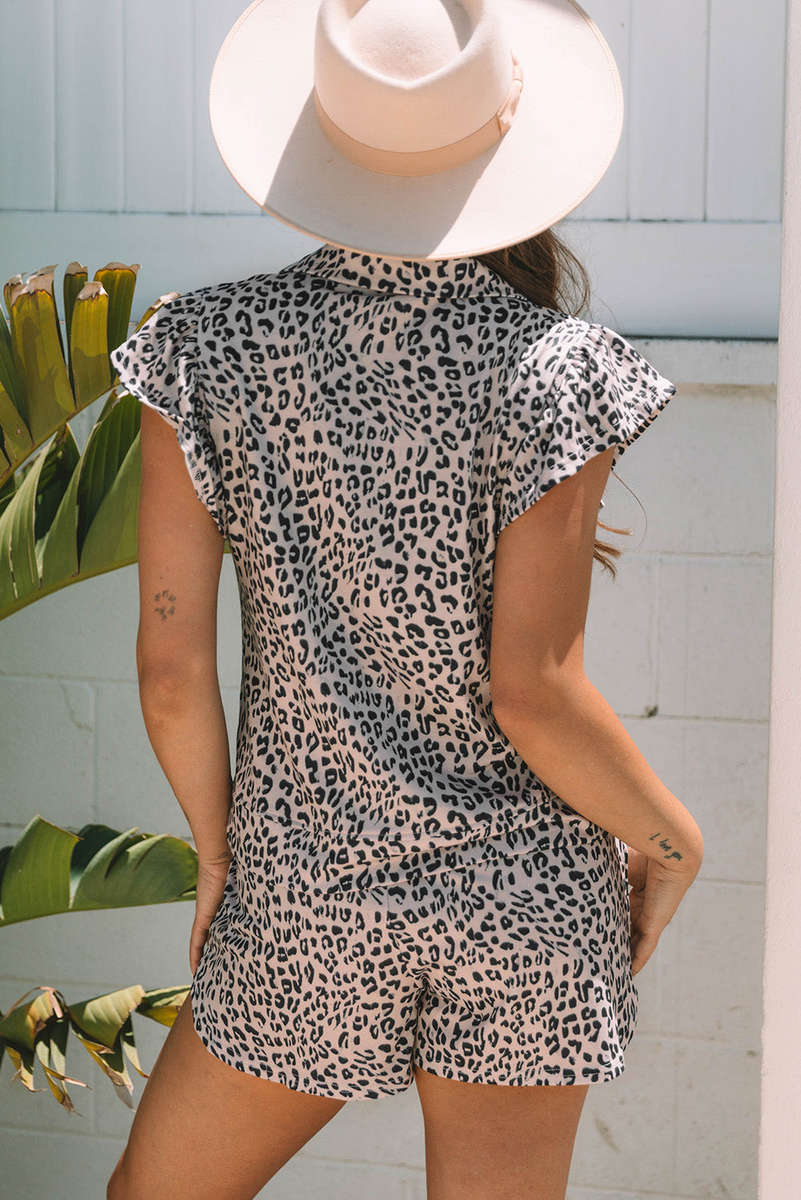 Brown Leopard Half Zipper Collared Ruffled Sleeve Top and Short Set