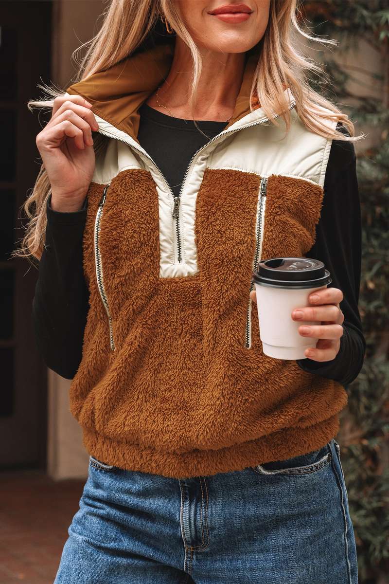 Chestnut Color Block Plush Patchwork Zipper Stand Neck Vest