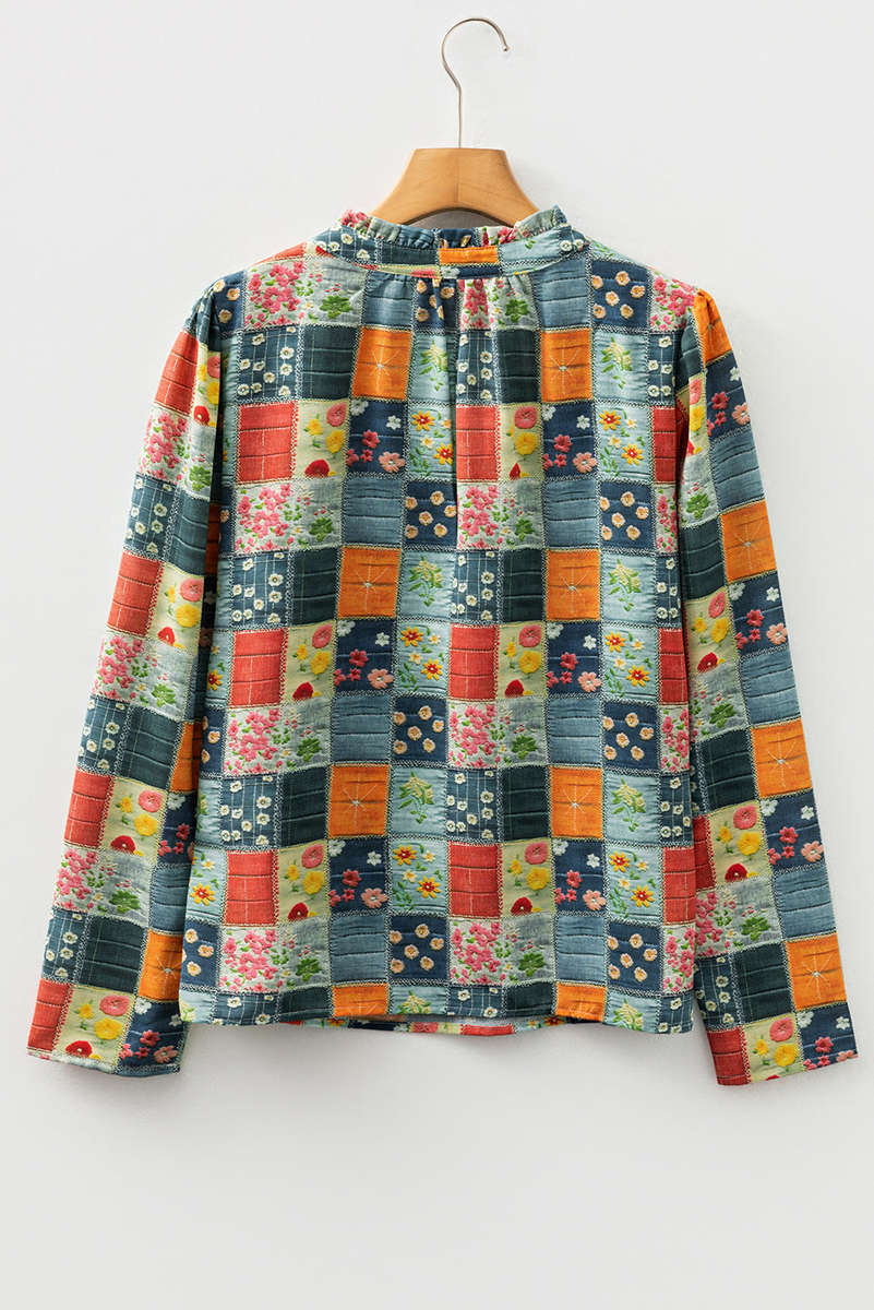 Sky Blue Fall Floral Half Placket Collared V Neck Blouse