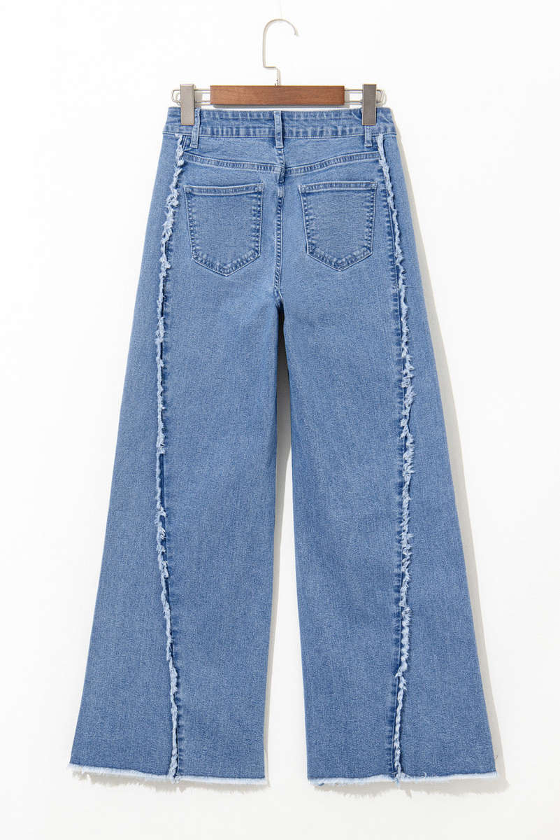 Beau Blue Vintage Stitching Raw Hem Flared Jeans