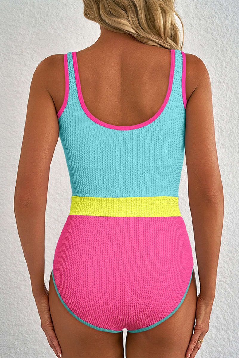 Iceland Blue Textured Color Block Patchwork One Piece Swimsuit