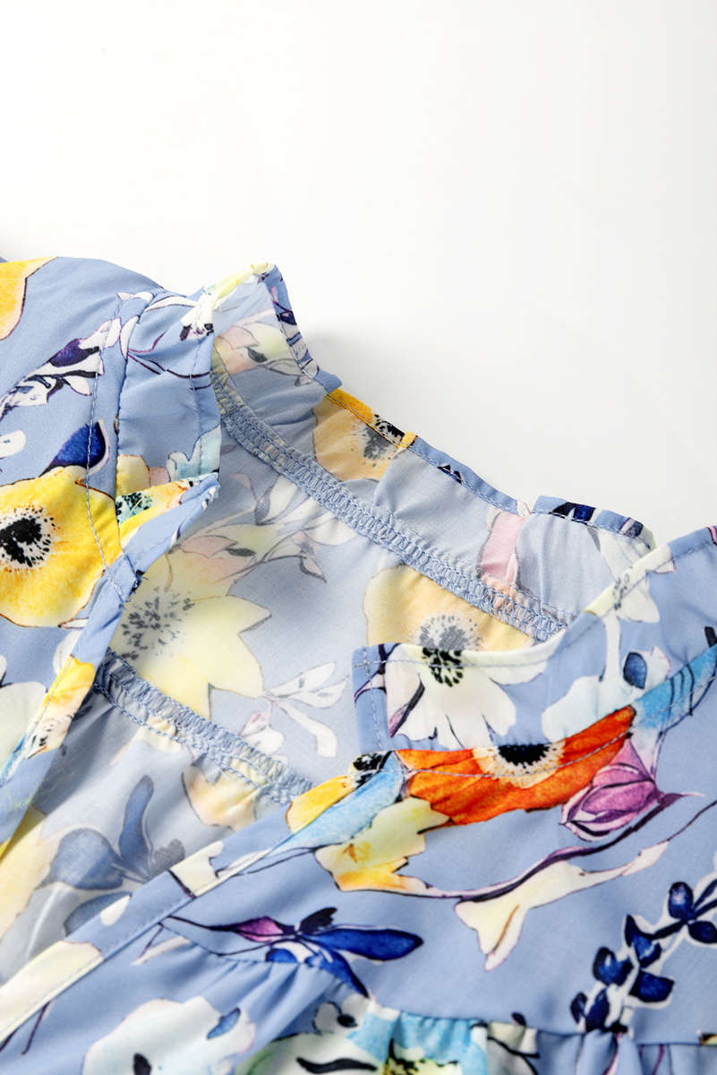 Sky Blue Flutter Sleeve V Neck Floral Top