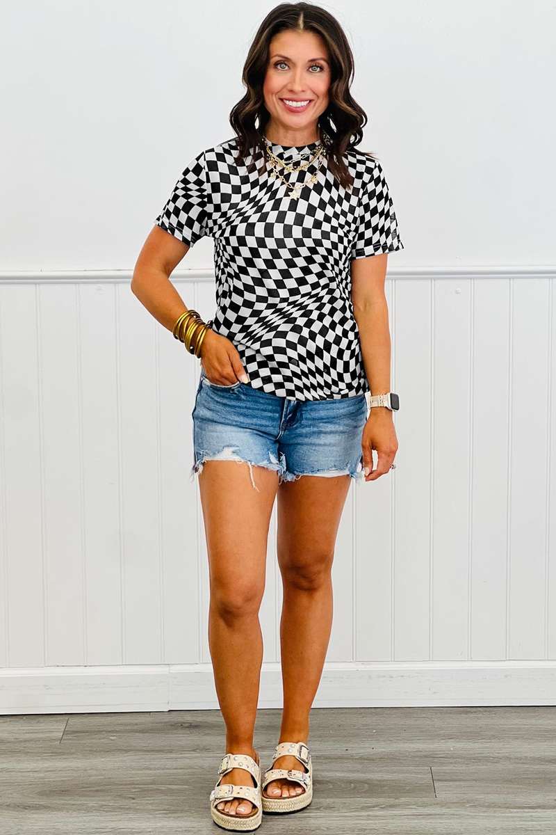 Black Checkered Print Mock Neck Mesh T Shirt