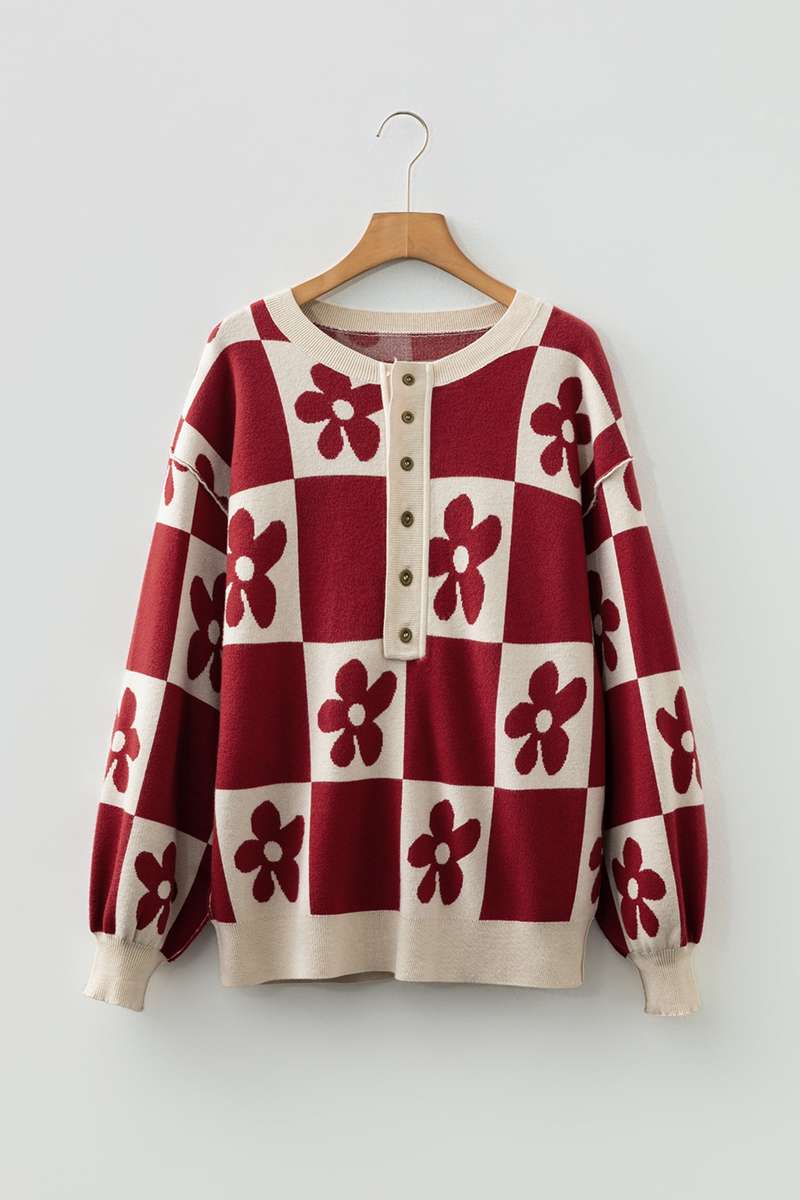 Red Dahlia Flower Plaid Henley Baggy Sweater