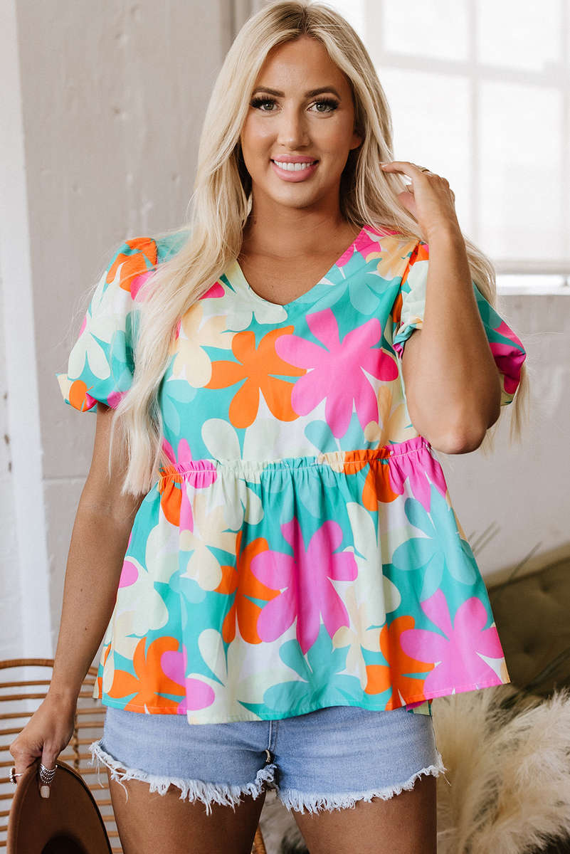 Pink Floral Print Bubble Sleeve V Neck Peplum Blouse