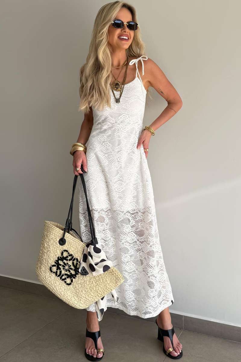 White Tie Spaghetti Straps Floral Lace Overlay Long Dress