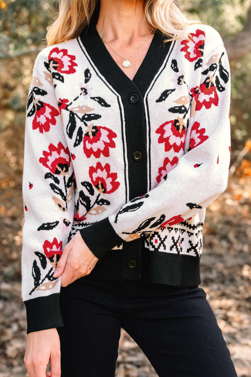 Beige Floral Print Buttoned Front V Neck Knit Cardigan