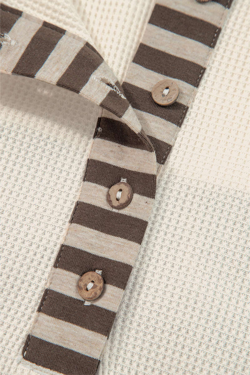 Beige Waffle Stripe Plaid Patchwork Henley Knit Top