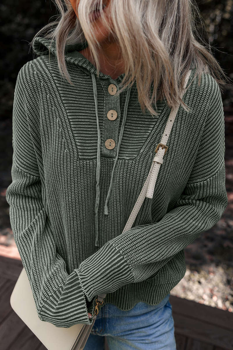 Mist Green Mineral Wash Ribbed Knit Button Drawstring Neck Hooded Sweater