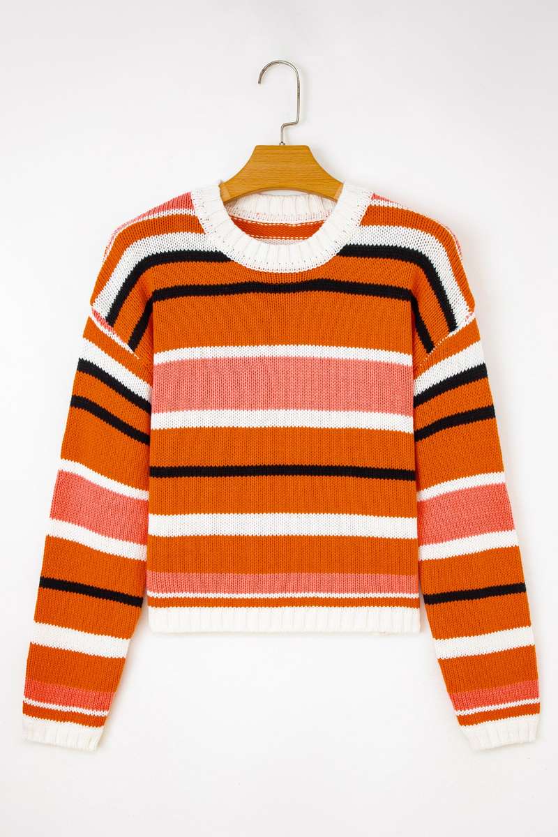 Orange Stripe Drop Shoulder Cropped Pullover Sweater