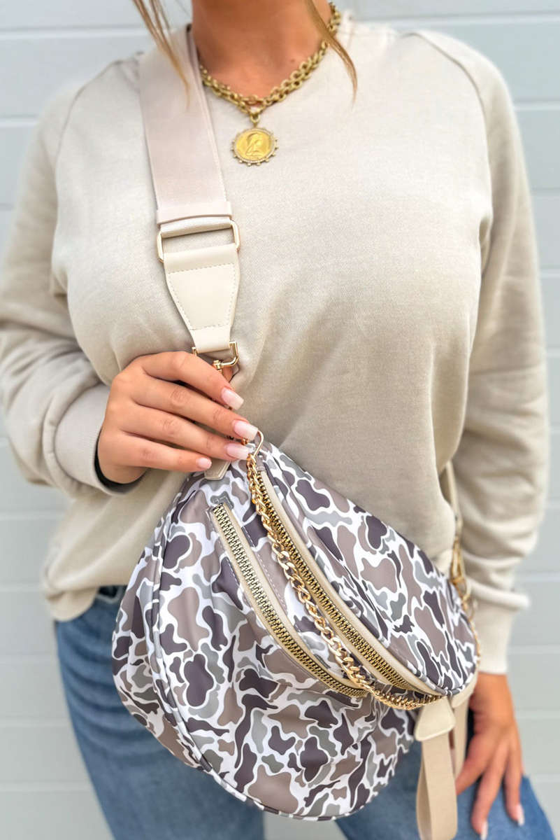 White Camouflage Print Gold Chain Strap Double Zipper Crossbody Bag
