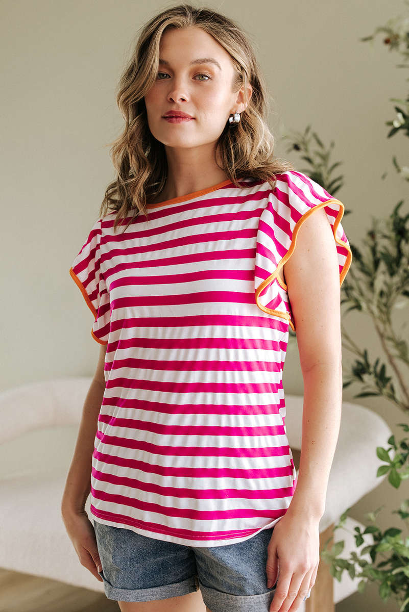 Rose Red Striped Ruffle Sleeve Crew Neck Blouse