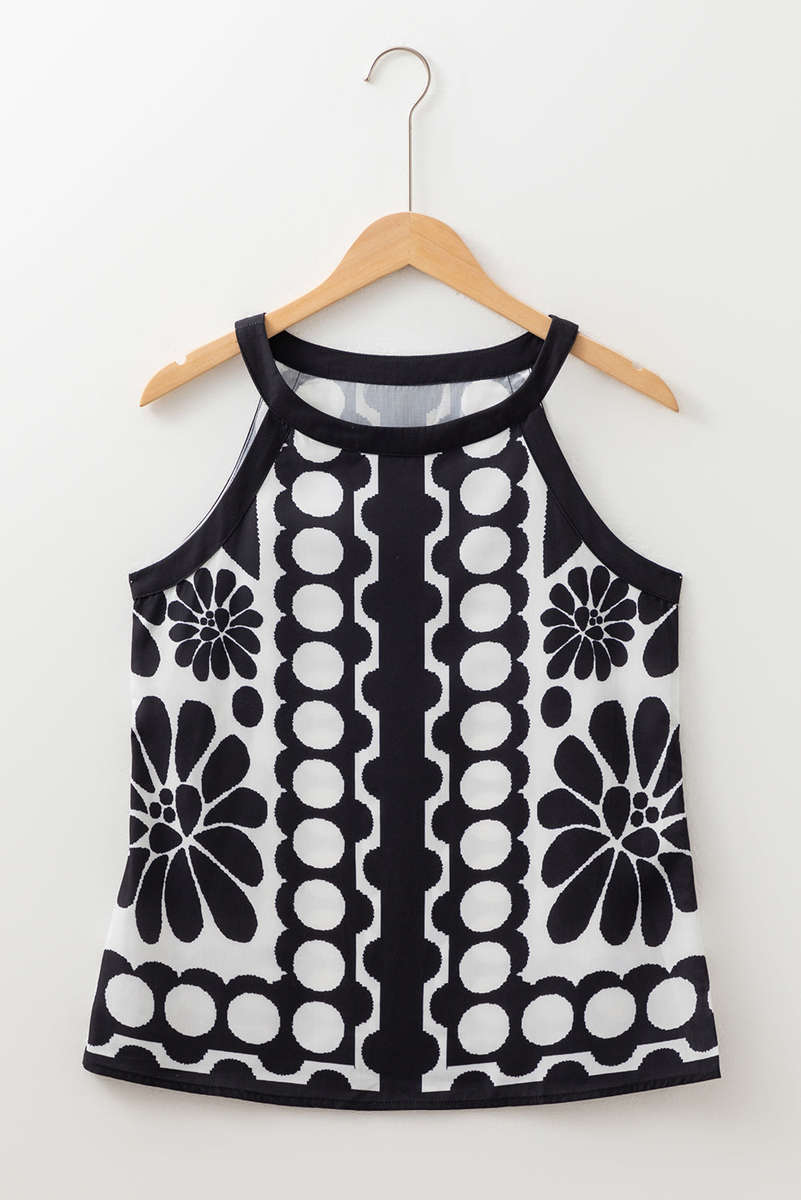 Black Abstract Dot Flower Print Tank Top