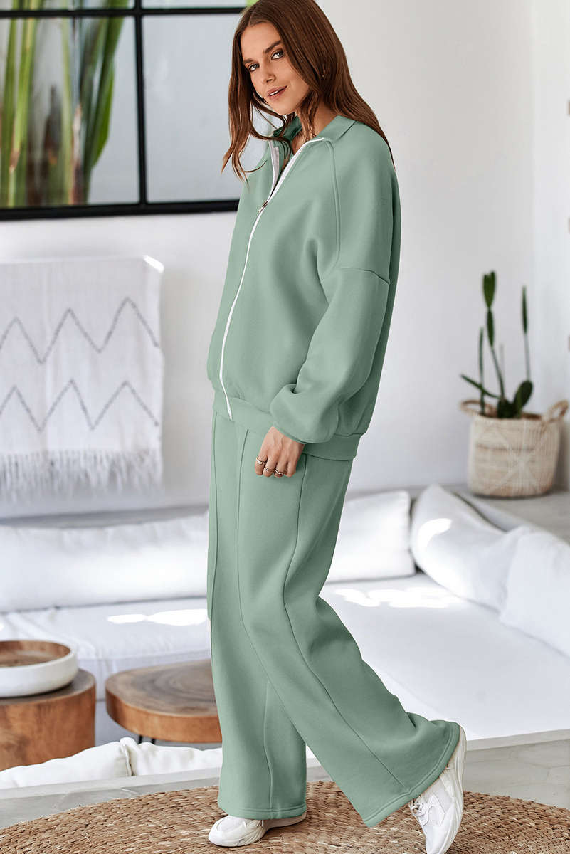 Clearly Aqua Drop Shoulder Zip Up Jacket Drawstring Pants Active 2pcs Set
