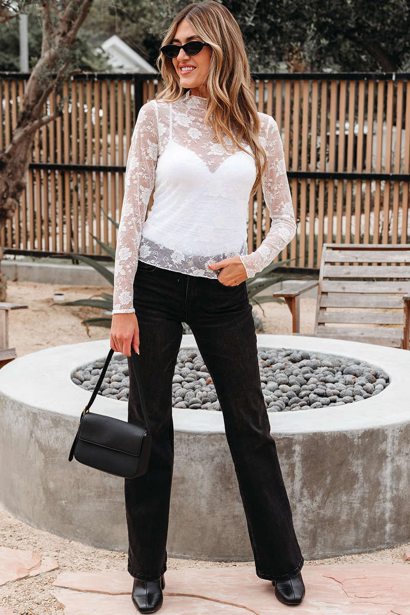 White Sheer Floral Lace Mesh Mock Neck Long Sleeve Top