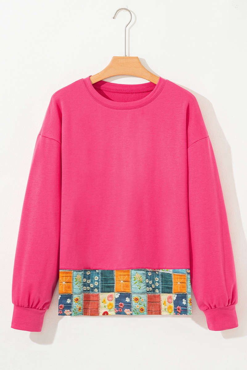 Strawberry Pink Floral Hemline Patchwork Round Neck Casual Top