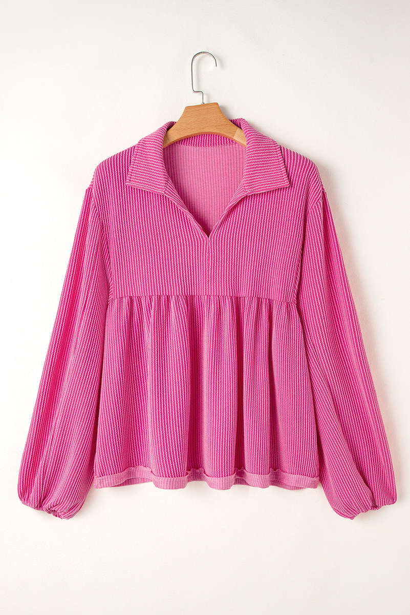 Bright Pink Corded Turn-down V Neck Bubble Sleeve Babydoll Blouse