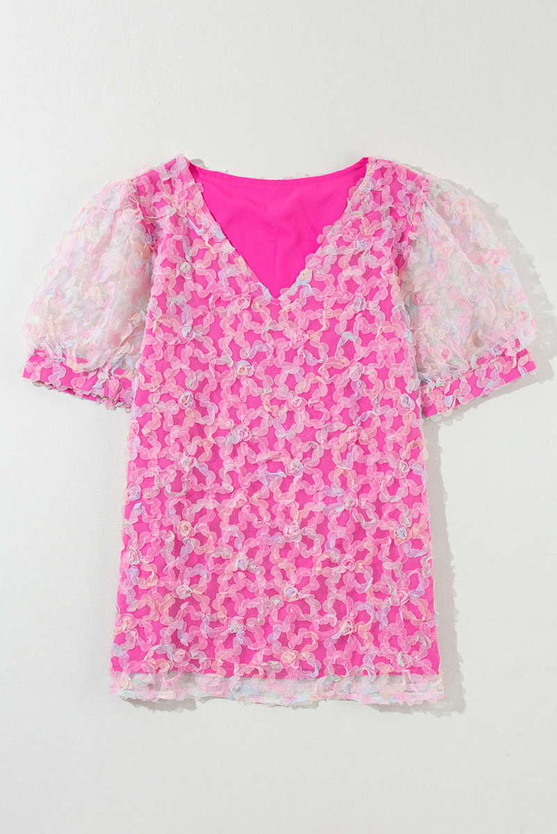 Bonbon Flowery Mesh Short Puff Sleeve Blouse